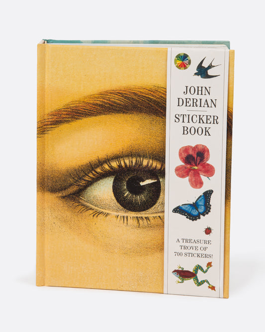 A John Derian sticker book with a painting of an eye on the cover. Shown from the front.