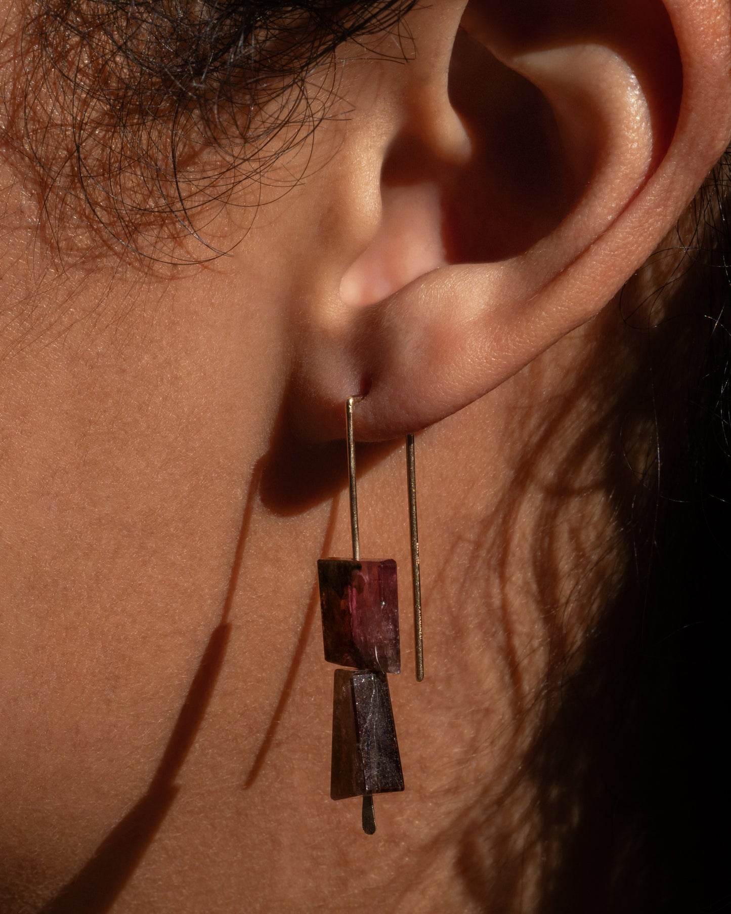 Stacked Pink and Deep Green Tourmaline Medium Hook Earrings