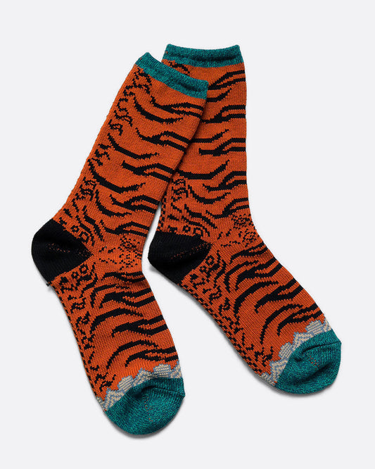 Orange, teal, and black tiger printed socks shown from the side.