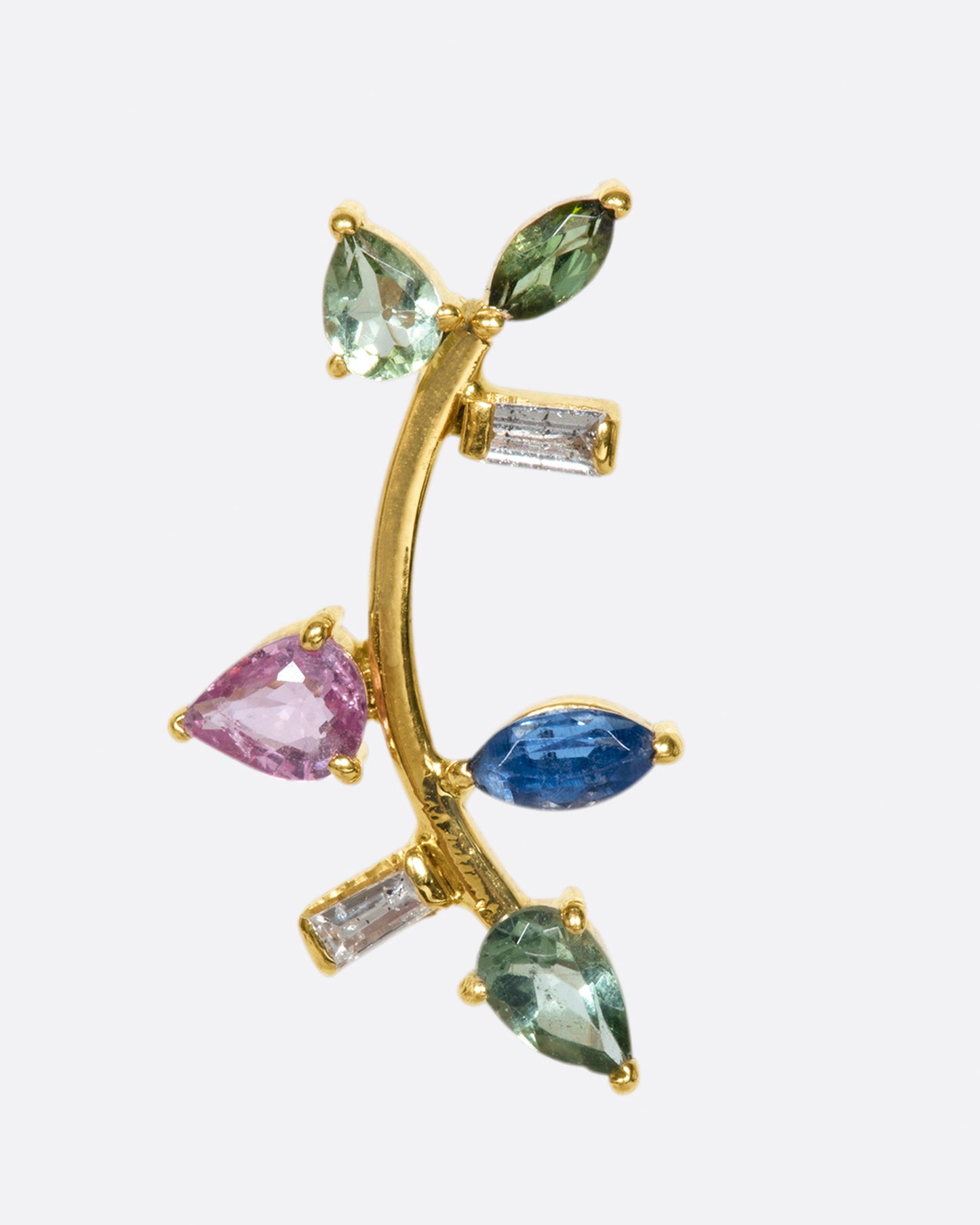 This elegant 14k gold stud, dotted with blue and green gemstones, reminds us of an olive branch