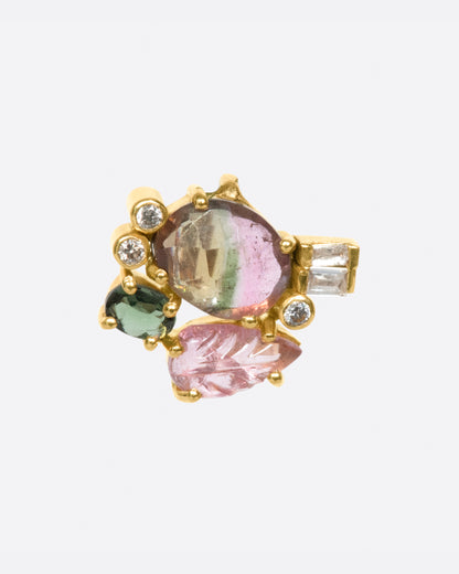 Eva Noga Flor pendant in yellow gold, a watermelon tourmaline slice among carved pink and green stones and diamonds