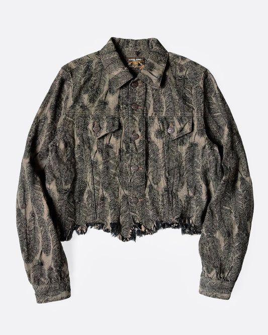 A black and beige jacquard denim jacket with an all-over 3D feather motif and a cut-off hemline and raw feathered seam. Shown from the front.
