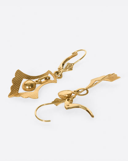 Vintage yellow gold fan drop earrings, the pair laid flat