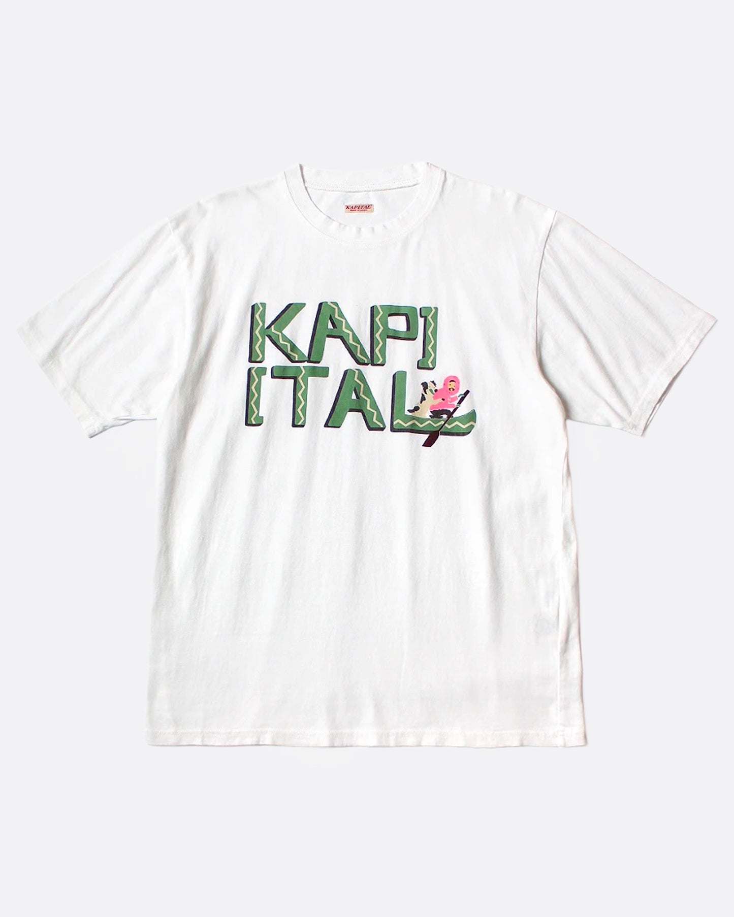 A white t-shirt with hand-drawn lettering reading 'Kapital' and a canoe graphic, shown from the front.