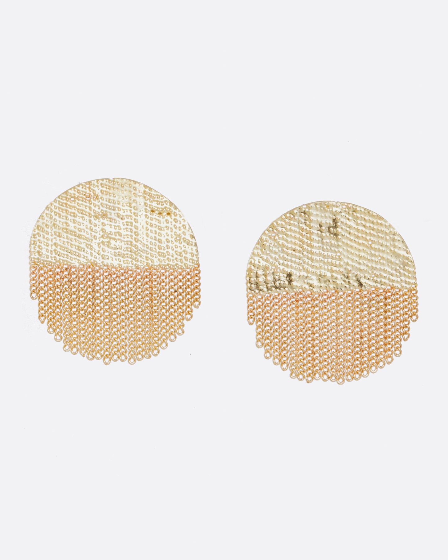 A pair of yellow gold earrings with soldered half circle tops and chain fringe half circle bottoms. Shown from the front.