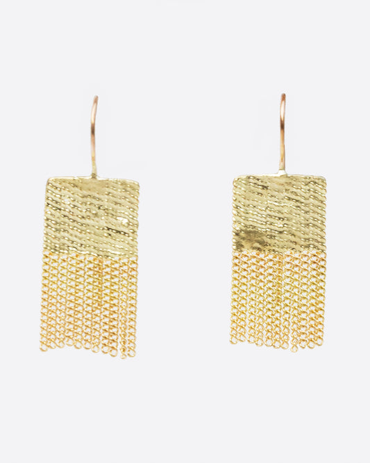 Yellow gold rectangular earrings with yellow gold chain fringe at the bottom. Shown from the front.
