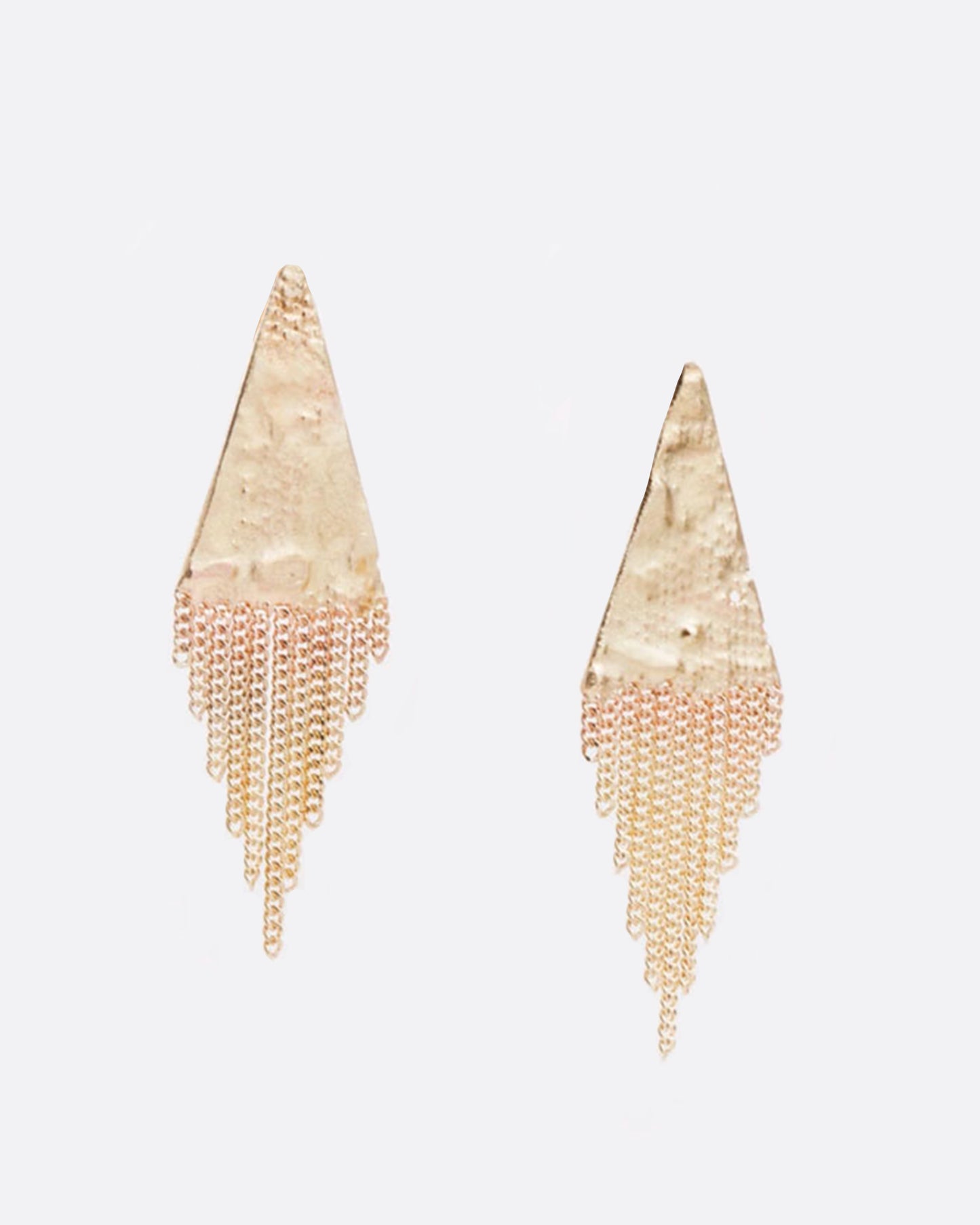 A pair of yellow gold earrings with soldered triangle tops and loose multi-strand chains at the bottom. Shown from the front.