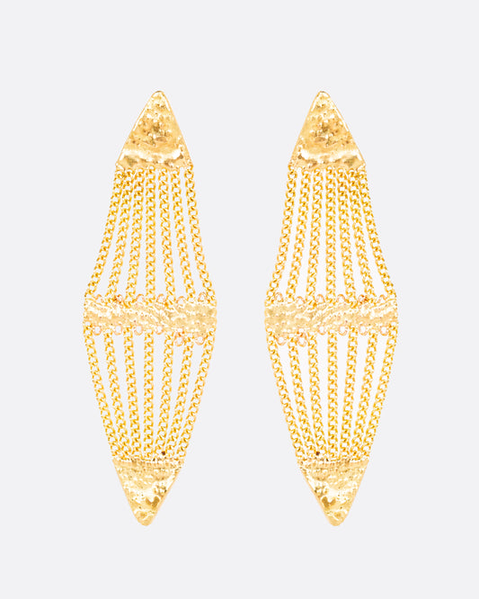 A pair of yellow gold canoe shaped earrings with soldered triangular tops and bottoms and cable chain in the center. Shown from the front.