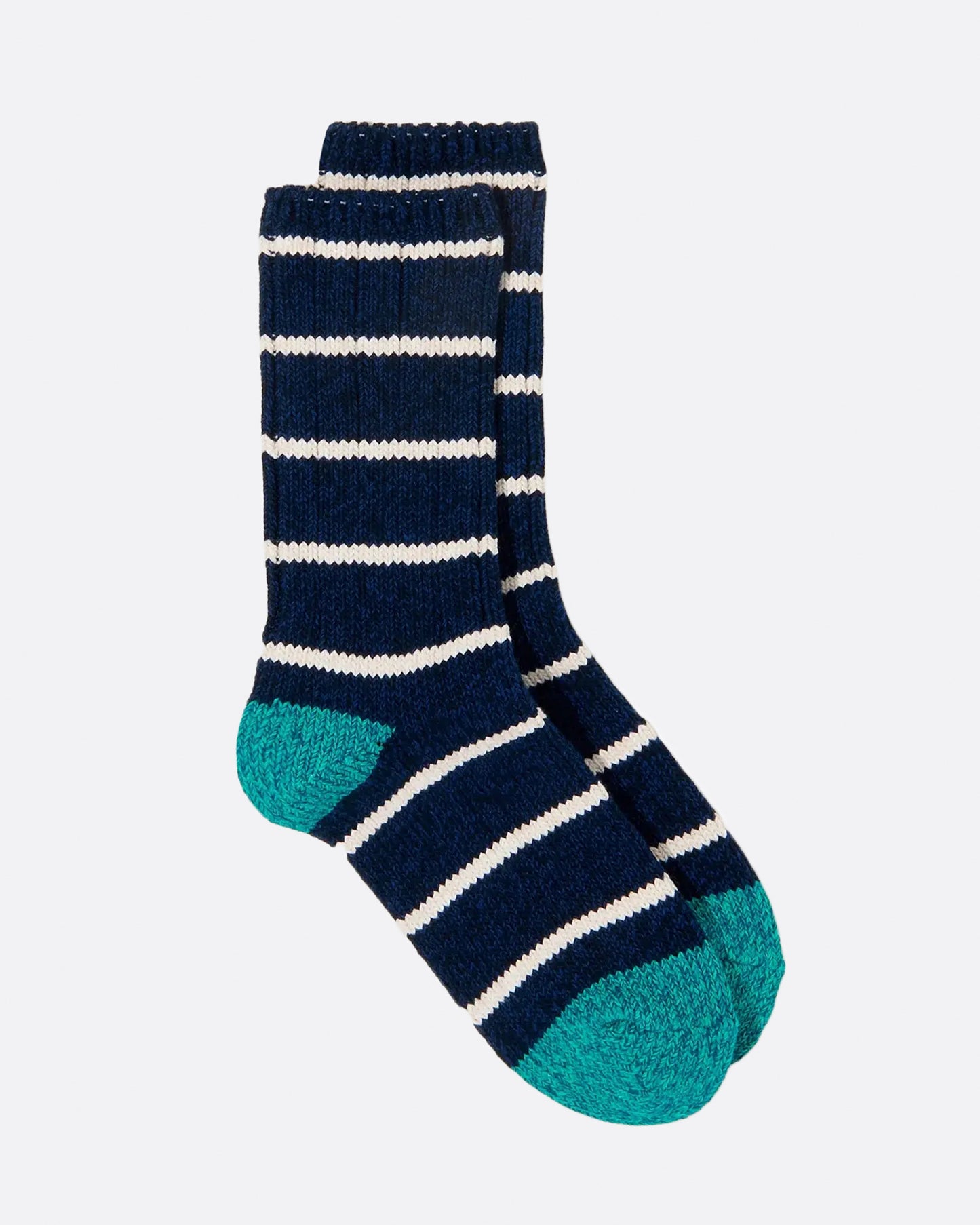 Navy blue thick knit socks with wide white stripes