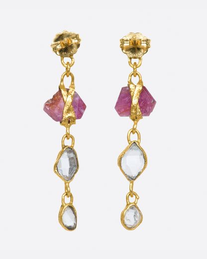 Yellow gold ruby and Herkimer diamond drop earrings, back view showing the posts and backs