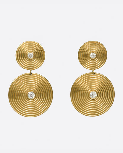 Selin Kent Nicola earrings in 14k yellow gold, two grooved gold discs stacked as a drop, each with a diamond at the center