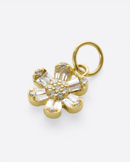 Yellow gold diamond daisy charm, angled view of the petals