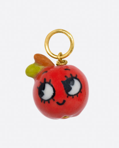 OKS hand-painted porcelain apple charm, a red apple with a smiling cartoon face and green leaves on a gold jump ring