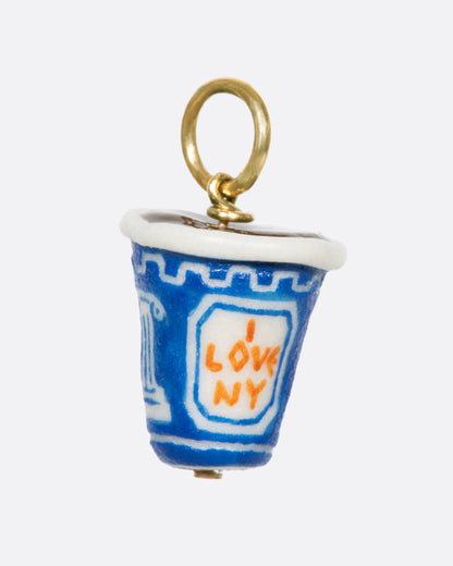 OKS hand-painted porcelain coffee cup charm, the blue and white I Love NY paper cup design, on a gold jump ring