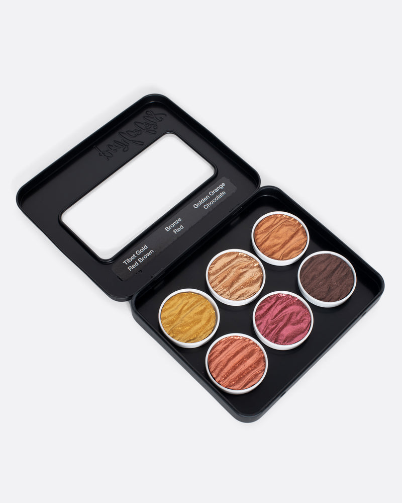 Finetec Pearlcolor paint set in Earth, six pearl watercolors in golds, coppers and reds in a square black metal case