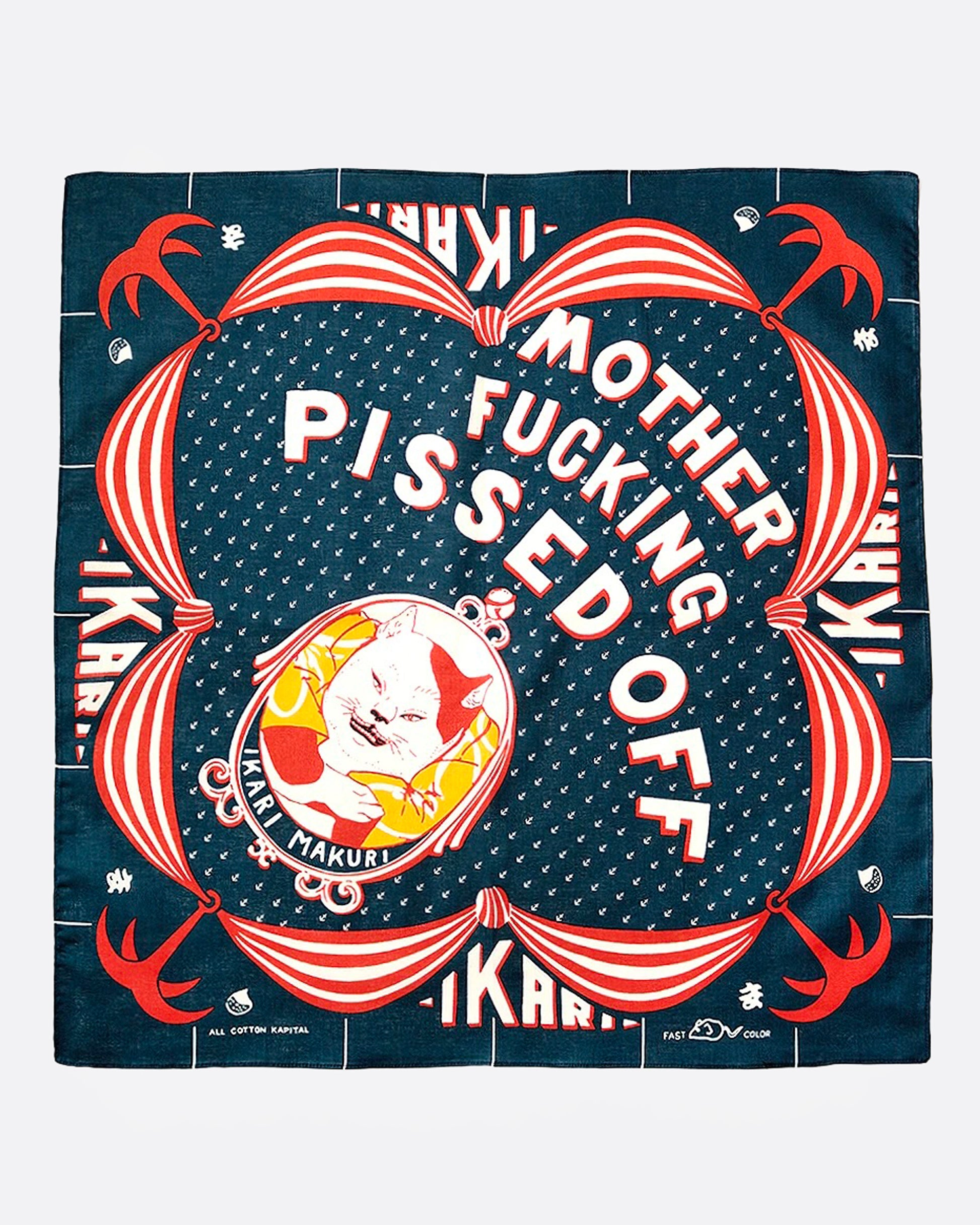 A navy bandana with white text reading 'MOTHER FUCKING PISSED OFF', an image of a cat, and red accents, shown from the front. 