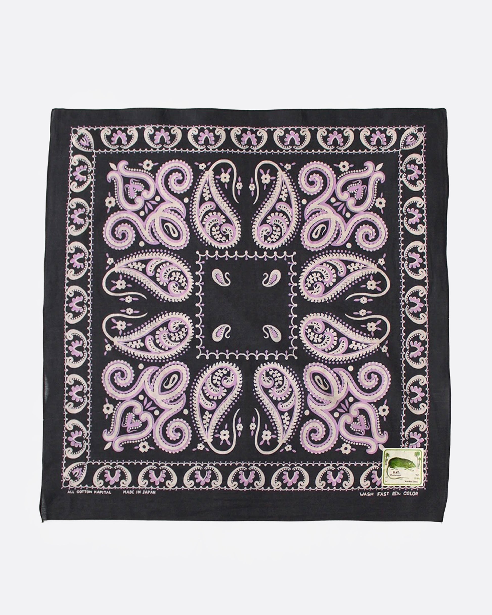 A black bandana with pink paisley print, shown from the front.