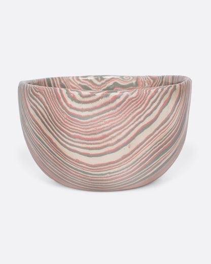 Pink and gray marbled ceramic bowl, angled view