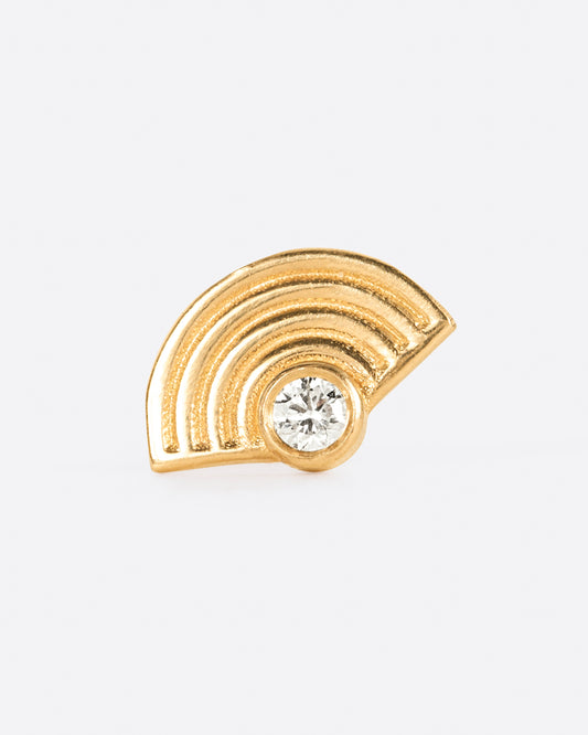 A yellow gold stud earring in a rainbow shape with a diamond at the bottom center. Shown from the front.