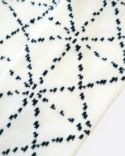 A close up of a white sock with a Japanese sashiko print.