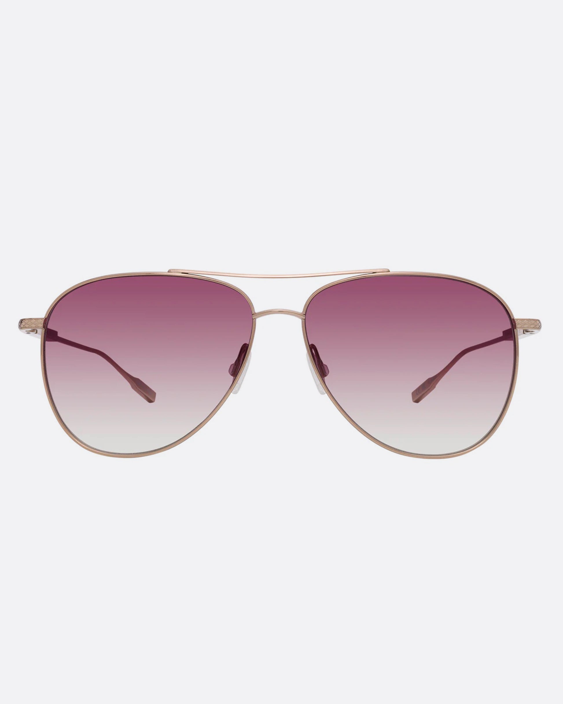 A pair of aviator sunglasses with pink gradient lenses. Shown from the front.