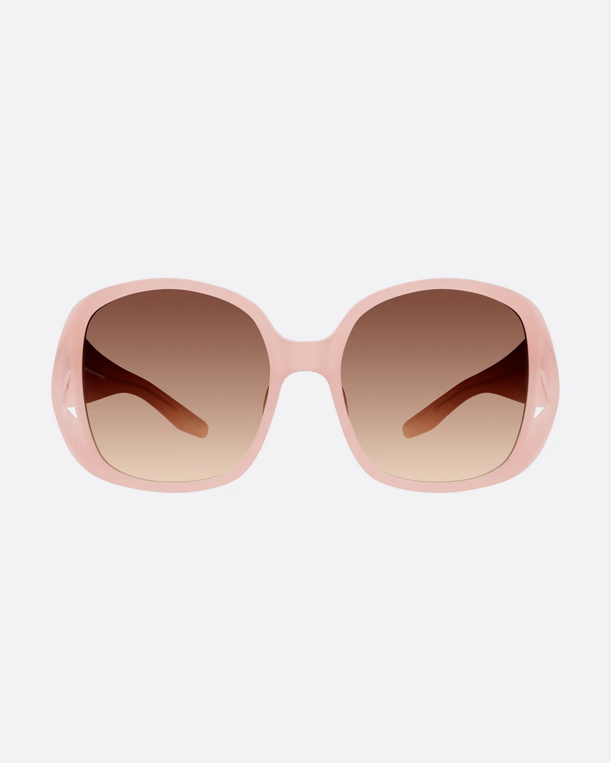 A pair of pink sunglasses with gradient lenses, shown from the front.