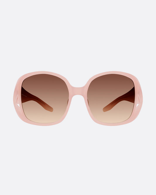 A pair of pink sunglasses with gradient lenses, shown from the front.
