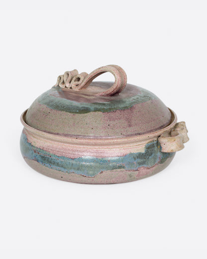 Vintage purple and green ceramic casserole dish, front view