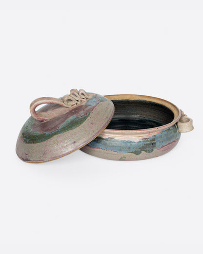 Vintage purple and green ceramic casserole dish, shown with the lid off