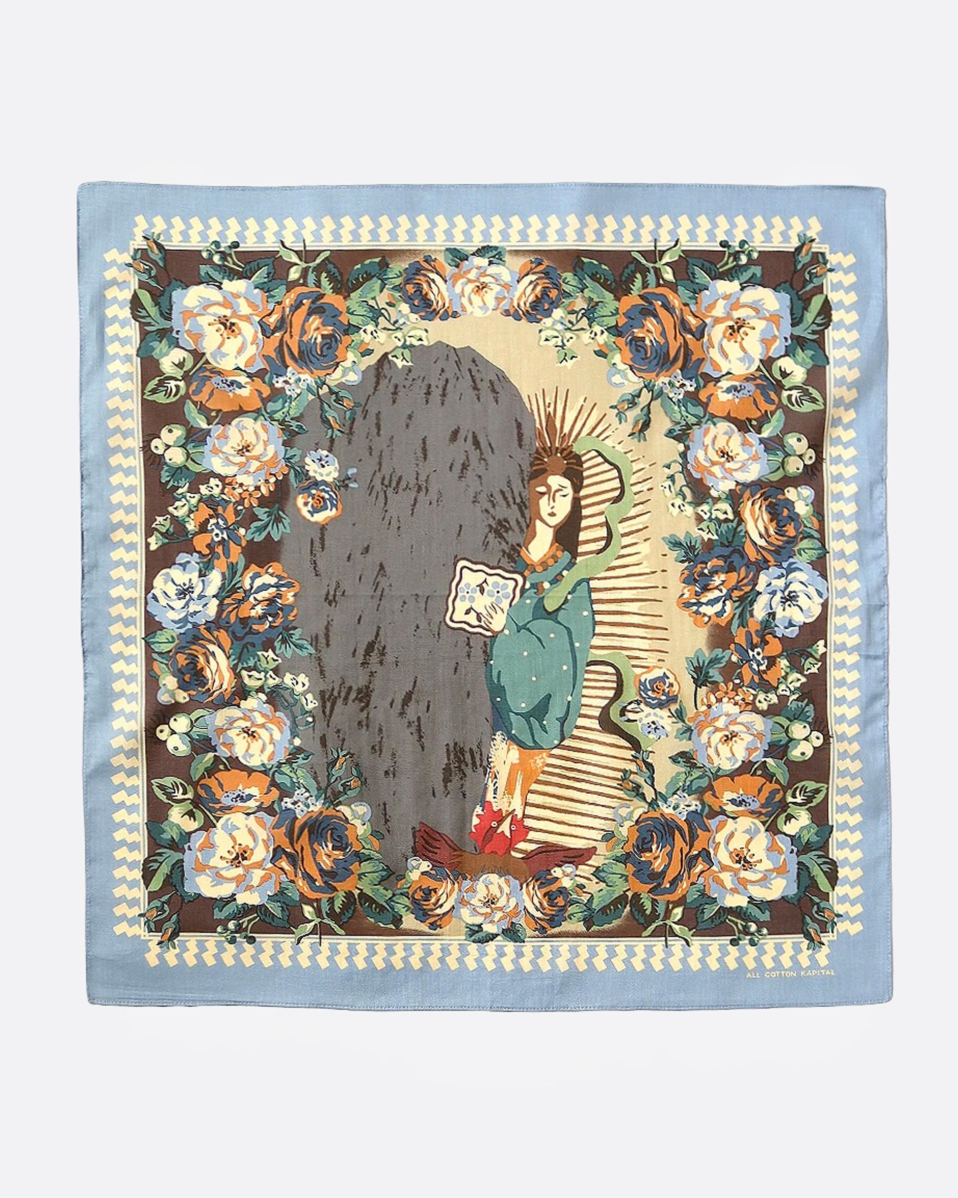 A floral print bandana with an image of the Japanese sun goddess, Amaterasu Omikami, shown from the front.