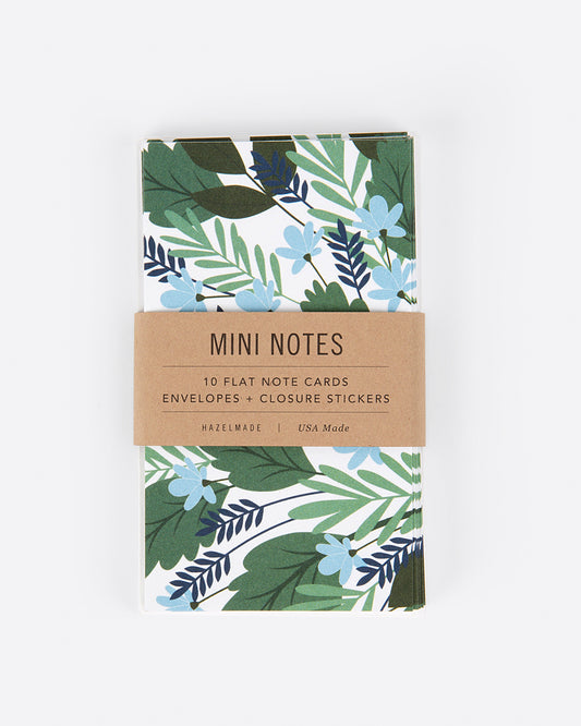 Mini rectangular note cards with a floral pattern all over. The brown label has black writing that reads: 'MINI NOTES 10 FLAT NOTE CARDS ENVELOPES + CLOSURE STICKERS HAZELMADE/ USA Made'. Shown lying flat from the front.
