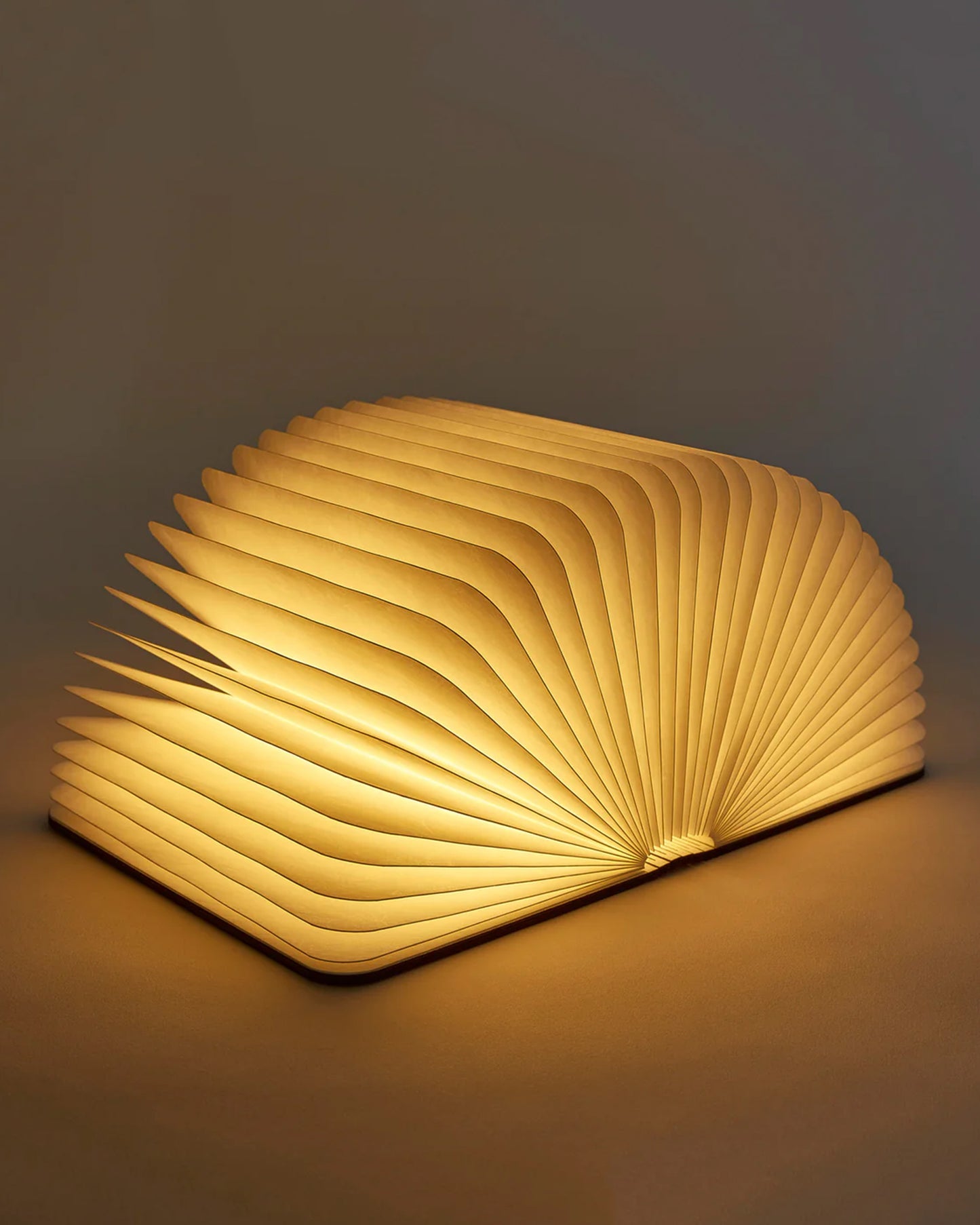 A book shaped light with a laser-cut wooden cover, shown open from the side.