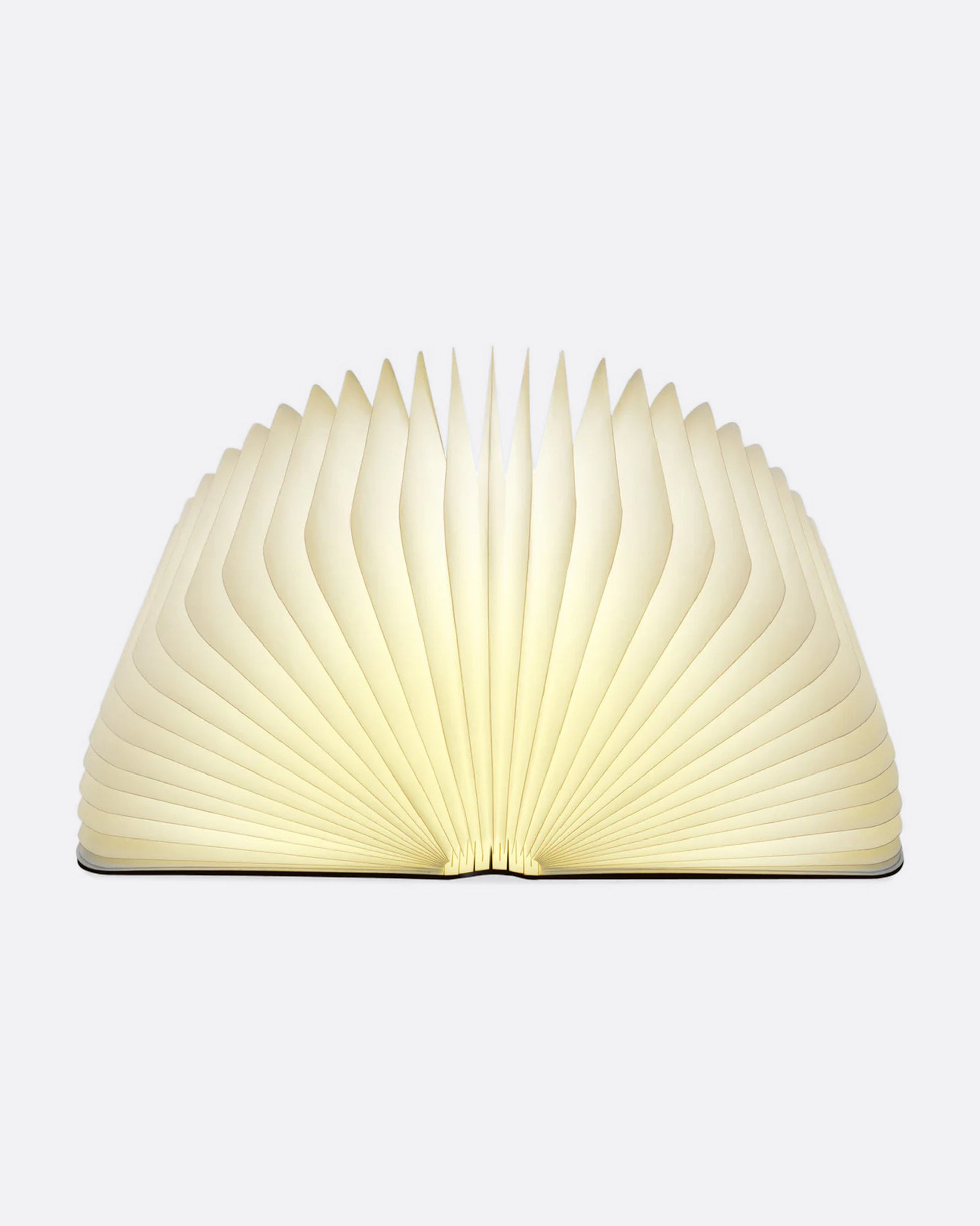 A book shaped light with a laser-cut wooden cover, shown open from the front.