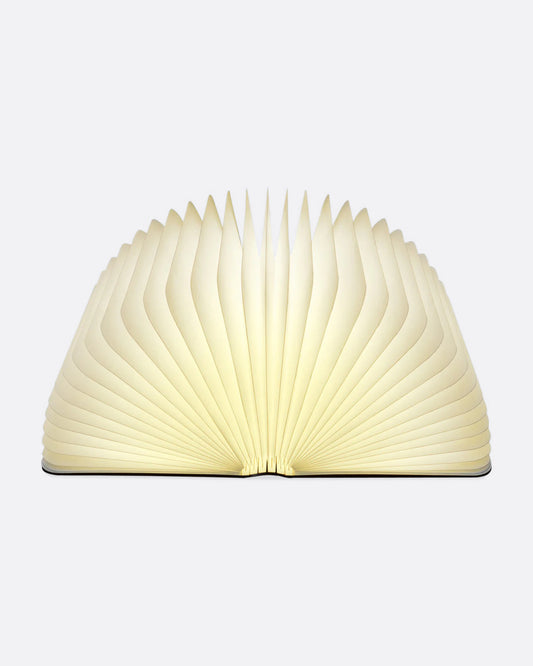 A book shaped light with a laser-cut wooden cover, shown open from the front.