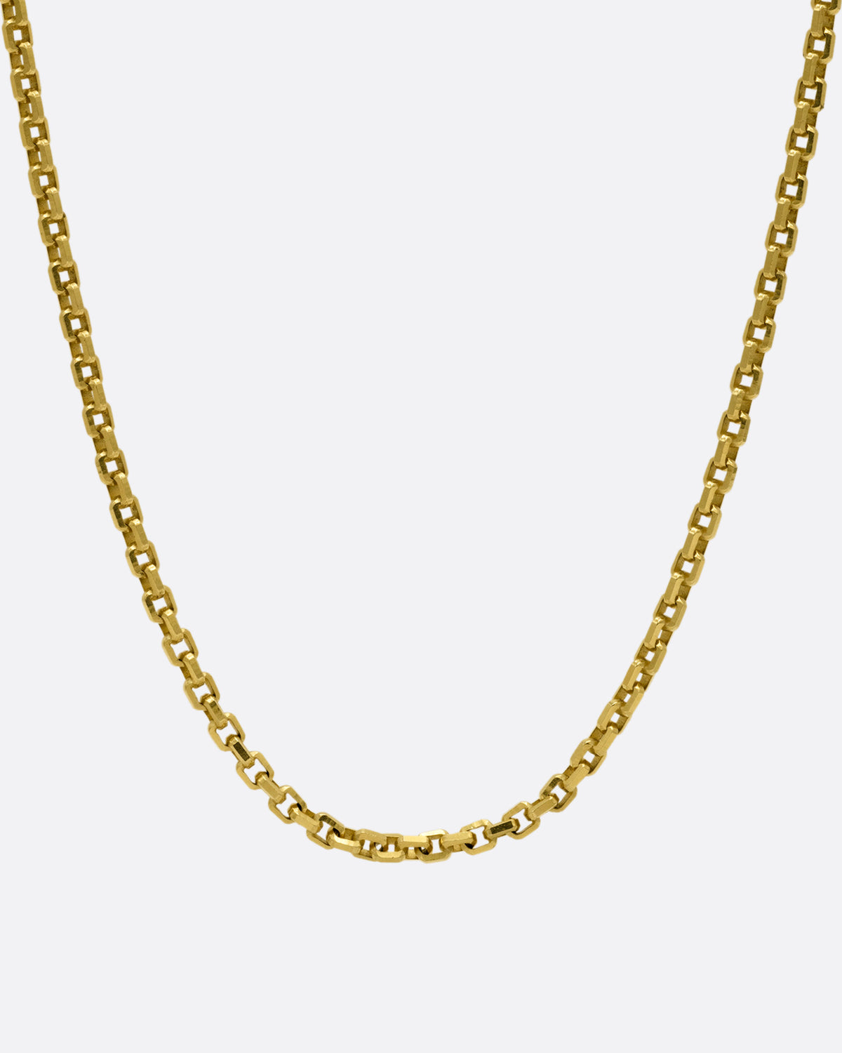 A yellow gold square link necklace, shown from the front.