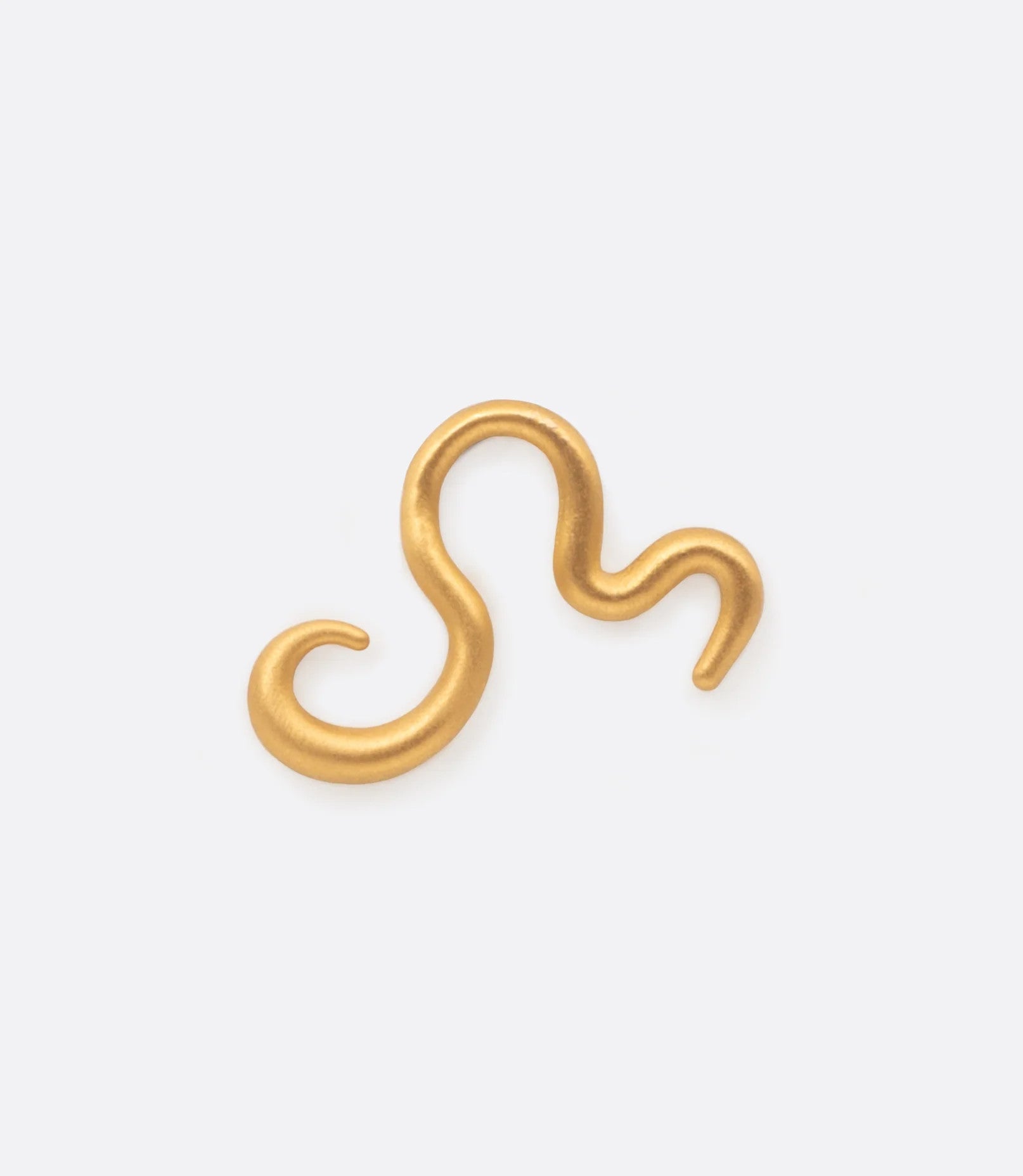 A yellow gold squiggle-shaped stud earring. Shown from the front.