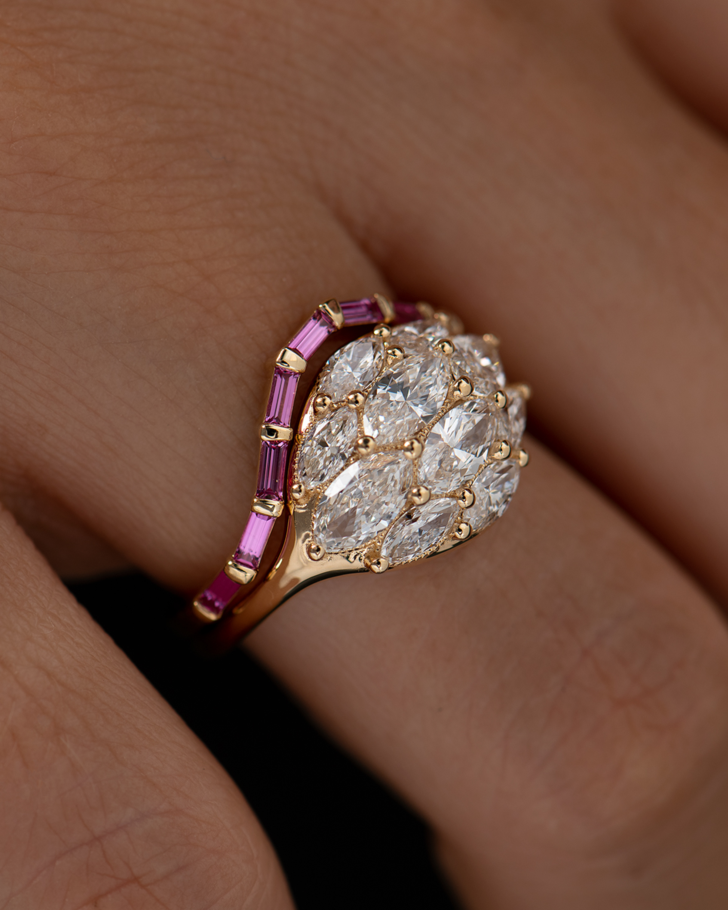 diamond dome ring paired with pink sapphire baguette band