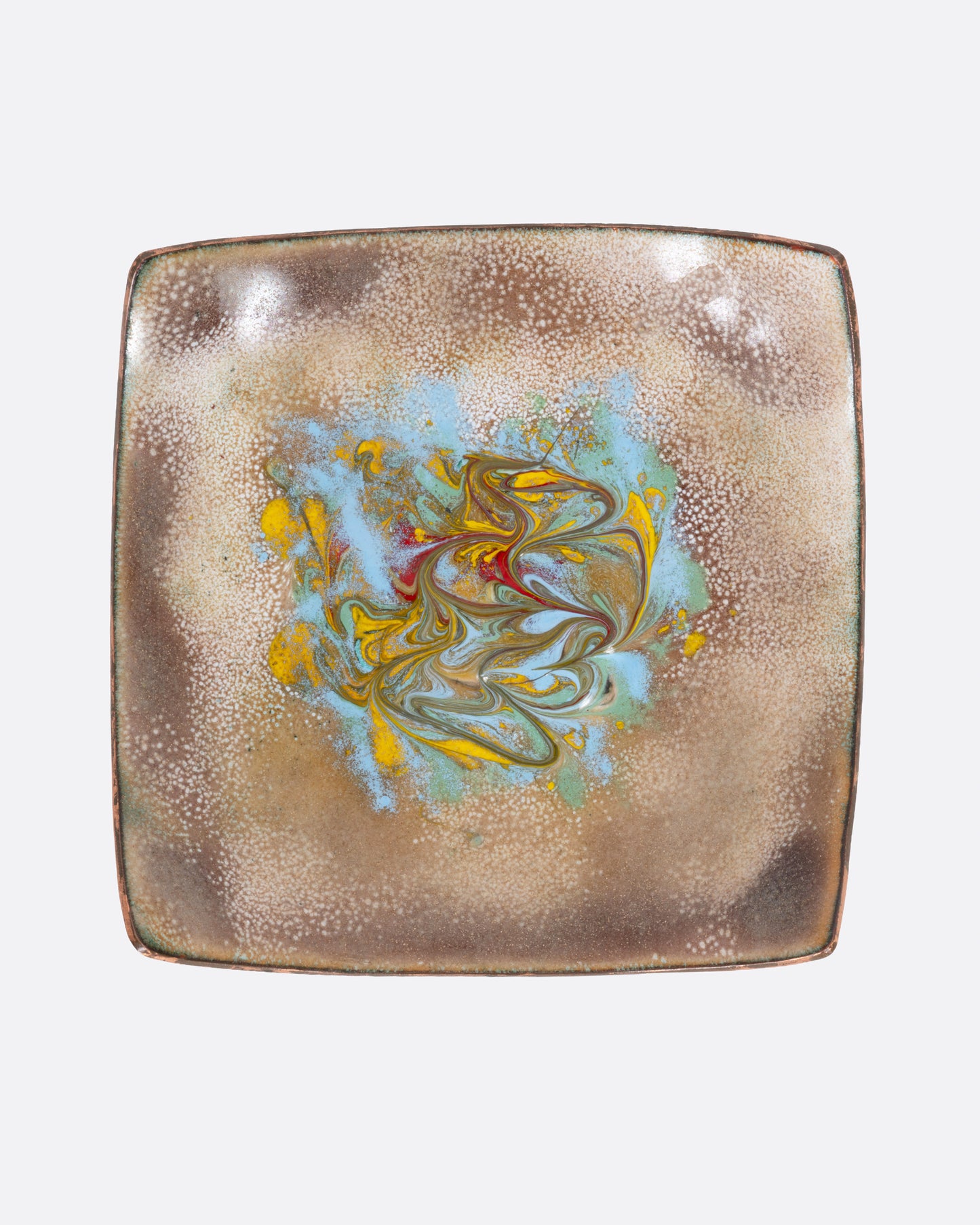 A square enamel dish with upturned corners, shown from the top.