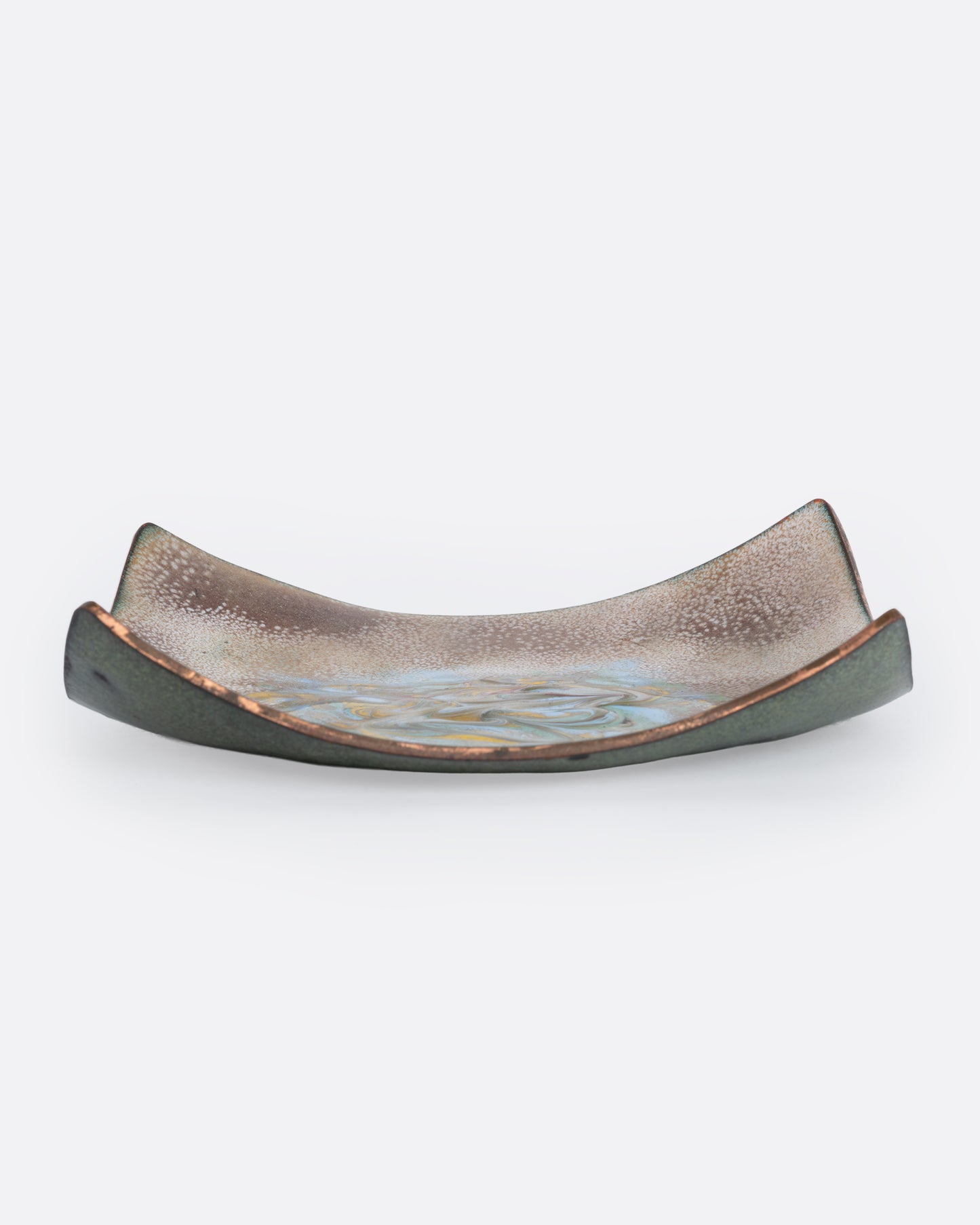 A square enamel dish with upturned corners, shown from the side.