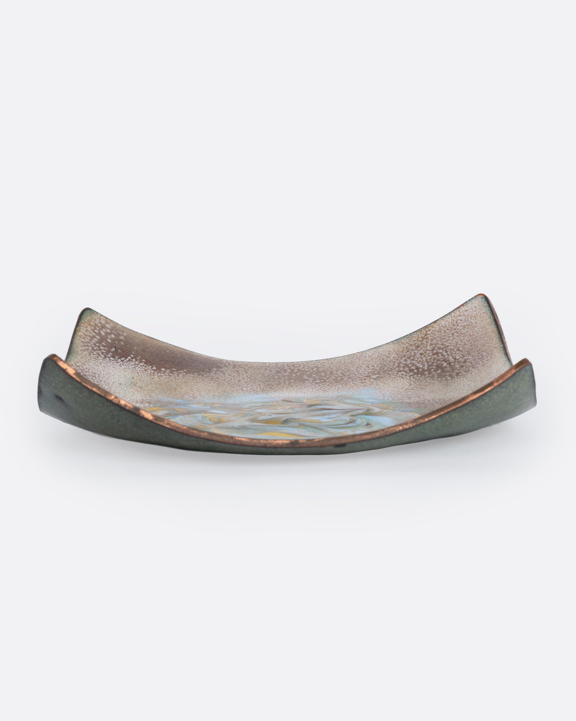 A square enamel dish with upturned corners, shown from the side.