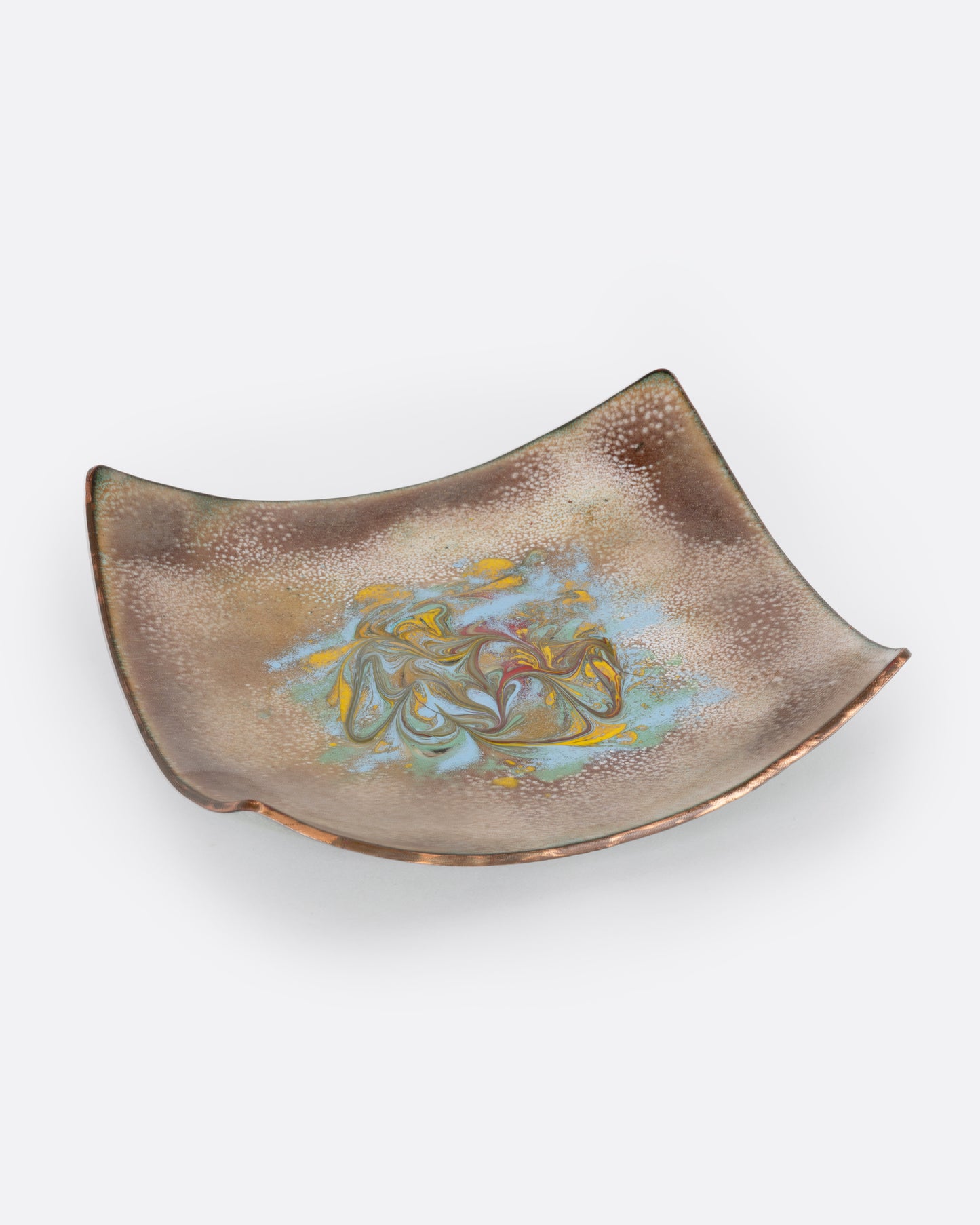 A square enamel dish with upturned corners, shown from the front.