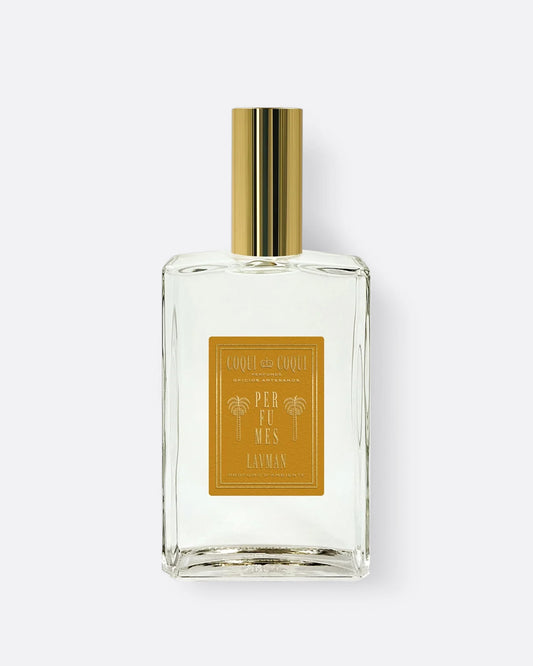 A linen spray glass bottle with gold cap and gold label shown from the front.