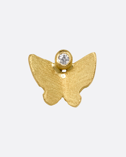A yellow gold butterfly earring with a single diamond. Shown from the front.