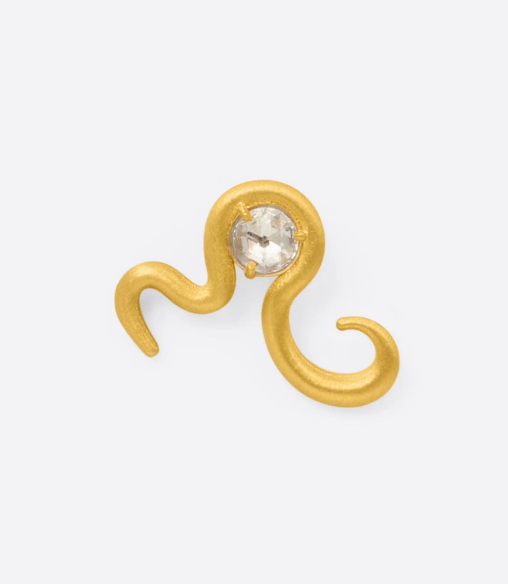 A yellow gold squiggle earring with a prong set diamond, shown from the front.