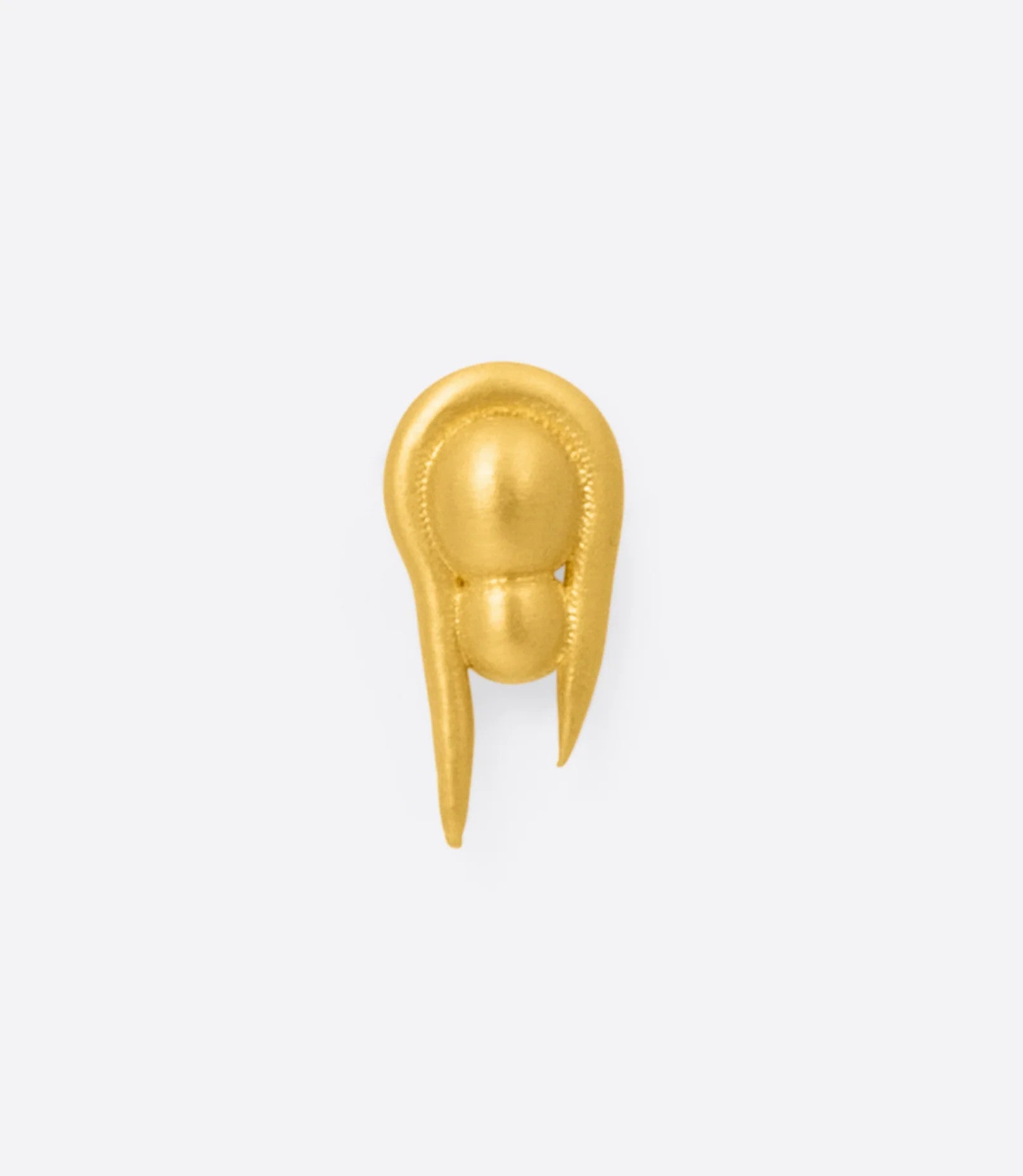 A yellow gold stud earring with two spheres, shown from the front.