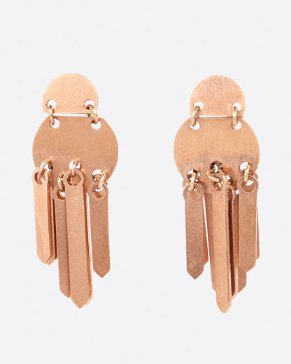 Rose gold fringe drop earrings, the pair from the front showing the brushed discs and fringe