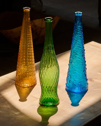 Vintage amber hobnail glass vase, shown with matching vases in green and blue