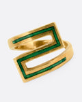 A yellow gold Greek Key ring with a zigzag pattern in green enamel, shown from the front.