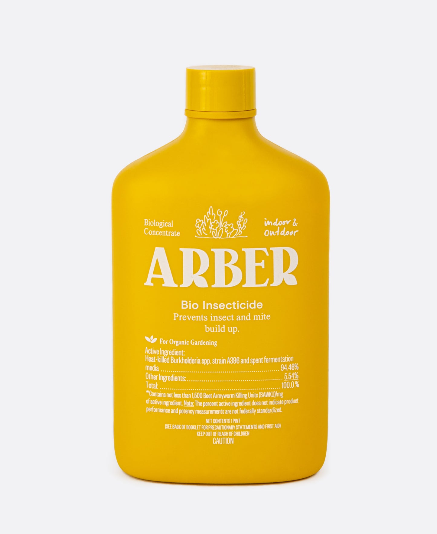 A yellow bottle of Arber Bio Insecticide with white lettering with insecticide info. Shown from the front.