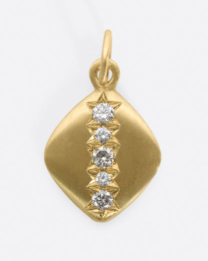 A rounded square tag with a line of gray diamonds down the center. Shown from the front.